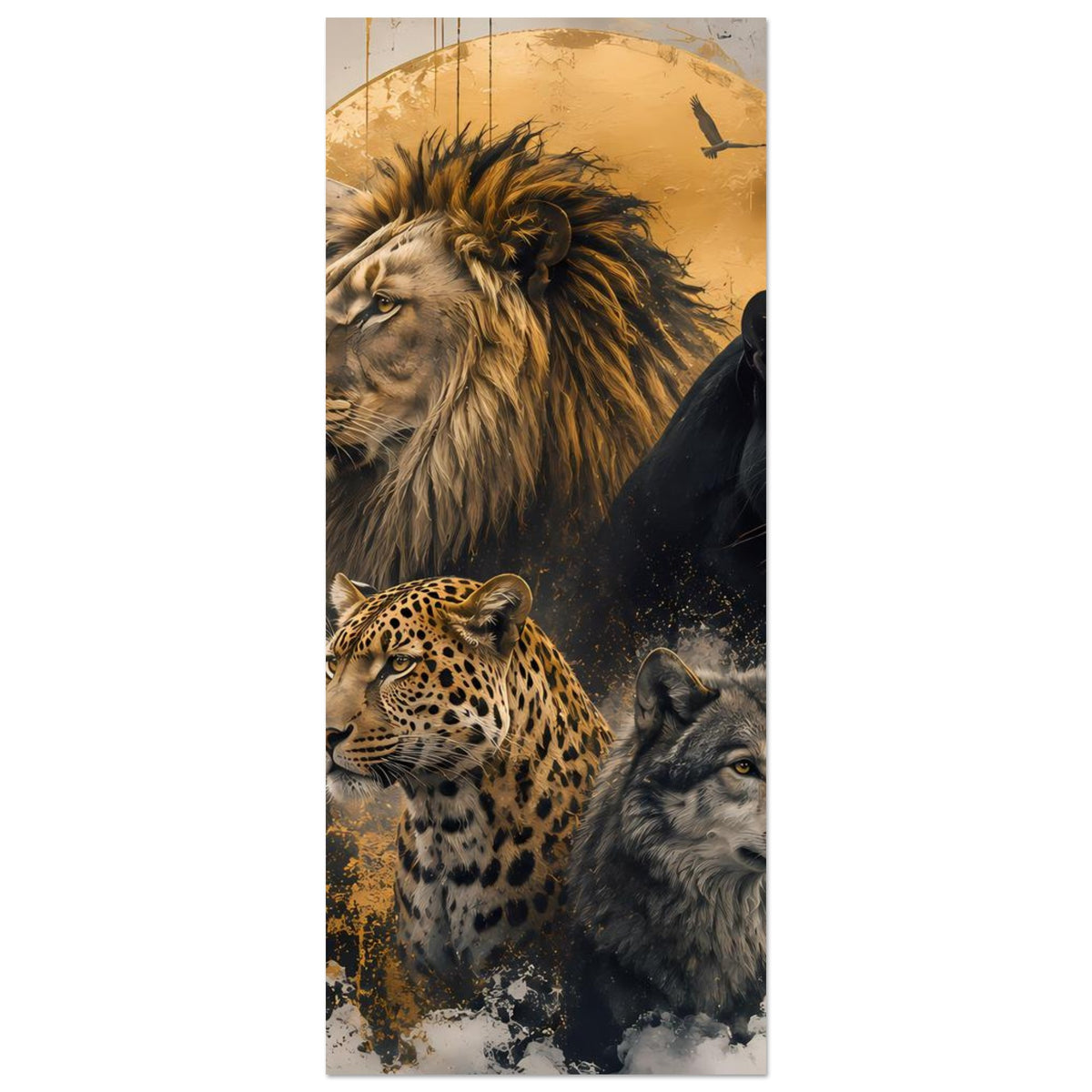 Vertikales Wildtier-Poster mit Löwenkopf, Panther und Leopard im Gold-Schwarz-Design