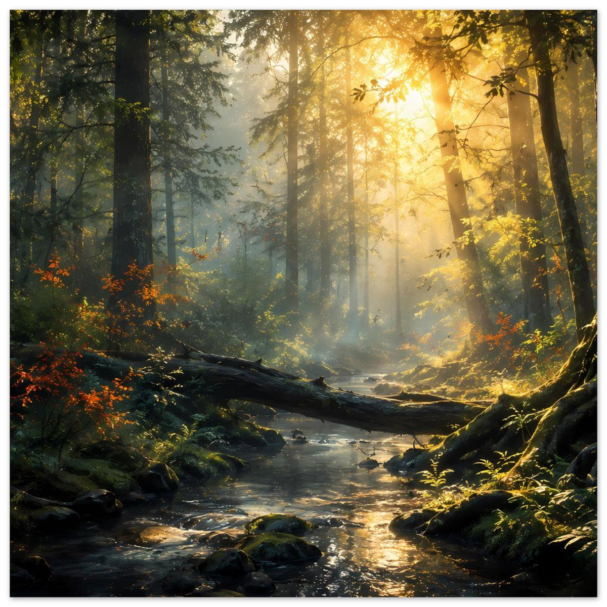 Waldfluss-Poster im Hochformat: leuchtender Wald, Bach mit Steinen und goldenen Lichtkegeln