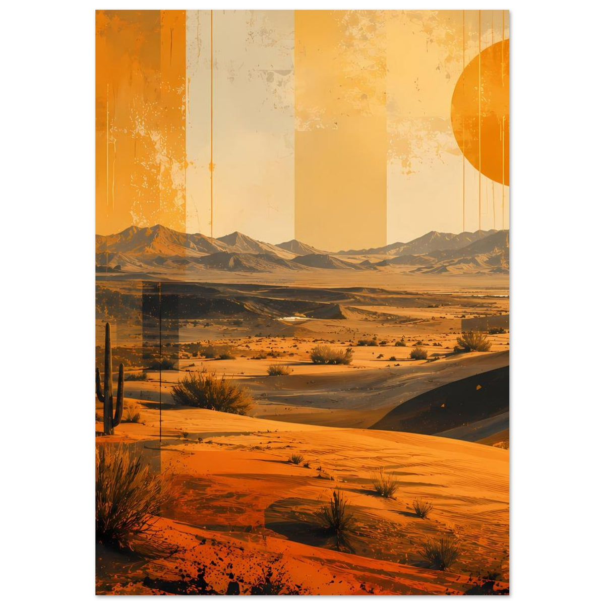 Vertikales Retro-Poster mit Wüstenlandschaft, Kakteen, Sanddünen und orangefarbener Sonne