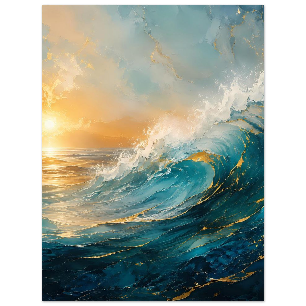 Premium-Poster mit Ozeanwellen und Sonnenuntergang, türkis-blaues Wasser mit goldenem Licht