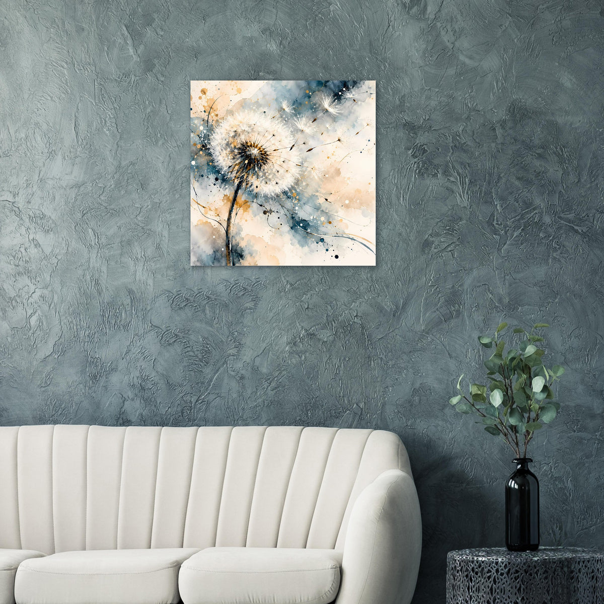 Kunstposter mit Pusteblume in Weiß, Blau- und Goldtönen auf hellem Untergrund
