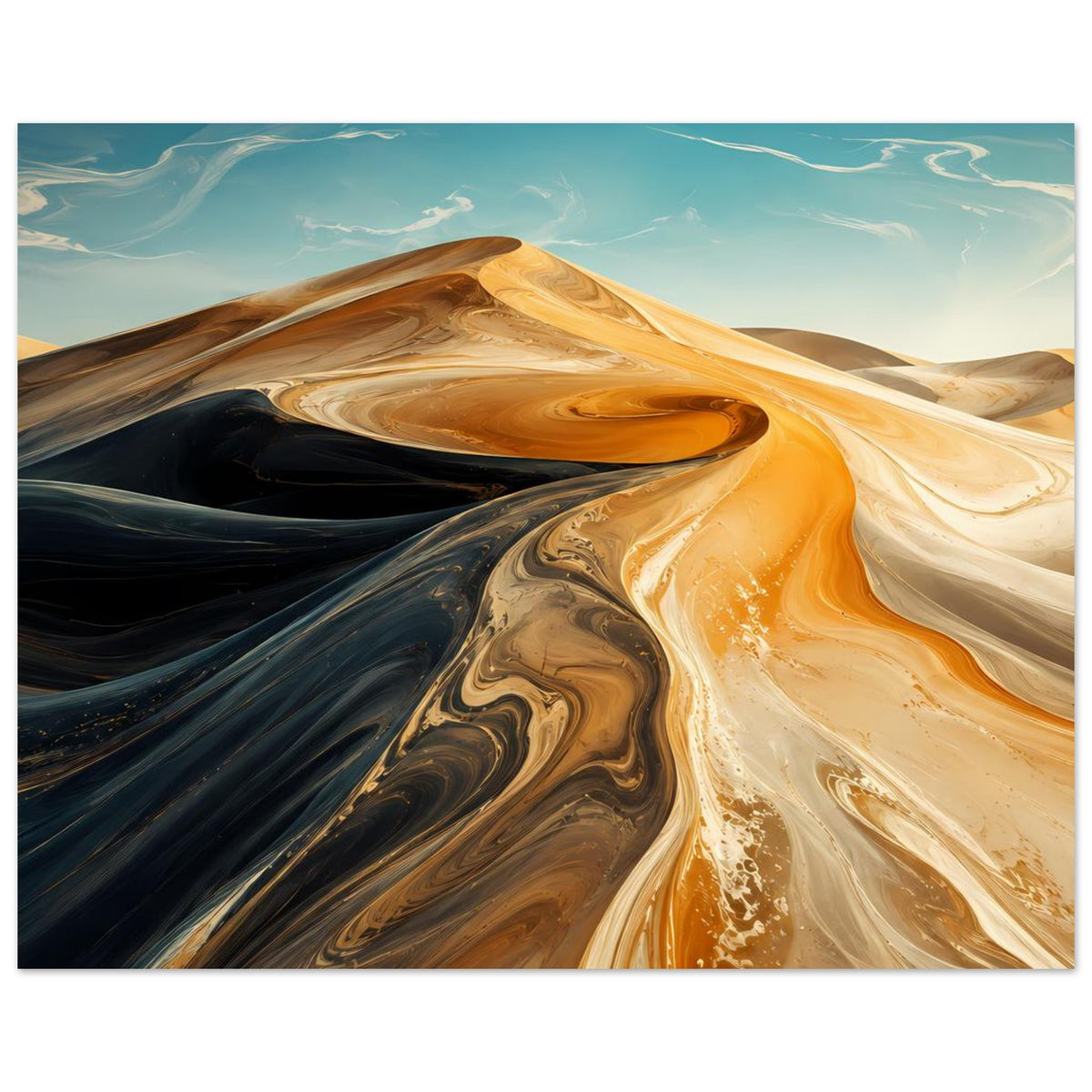 Horizontales Poster mit Sandwirbeln in Orange, Creme und Dunkelblau.