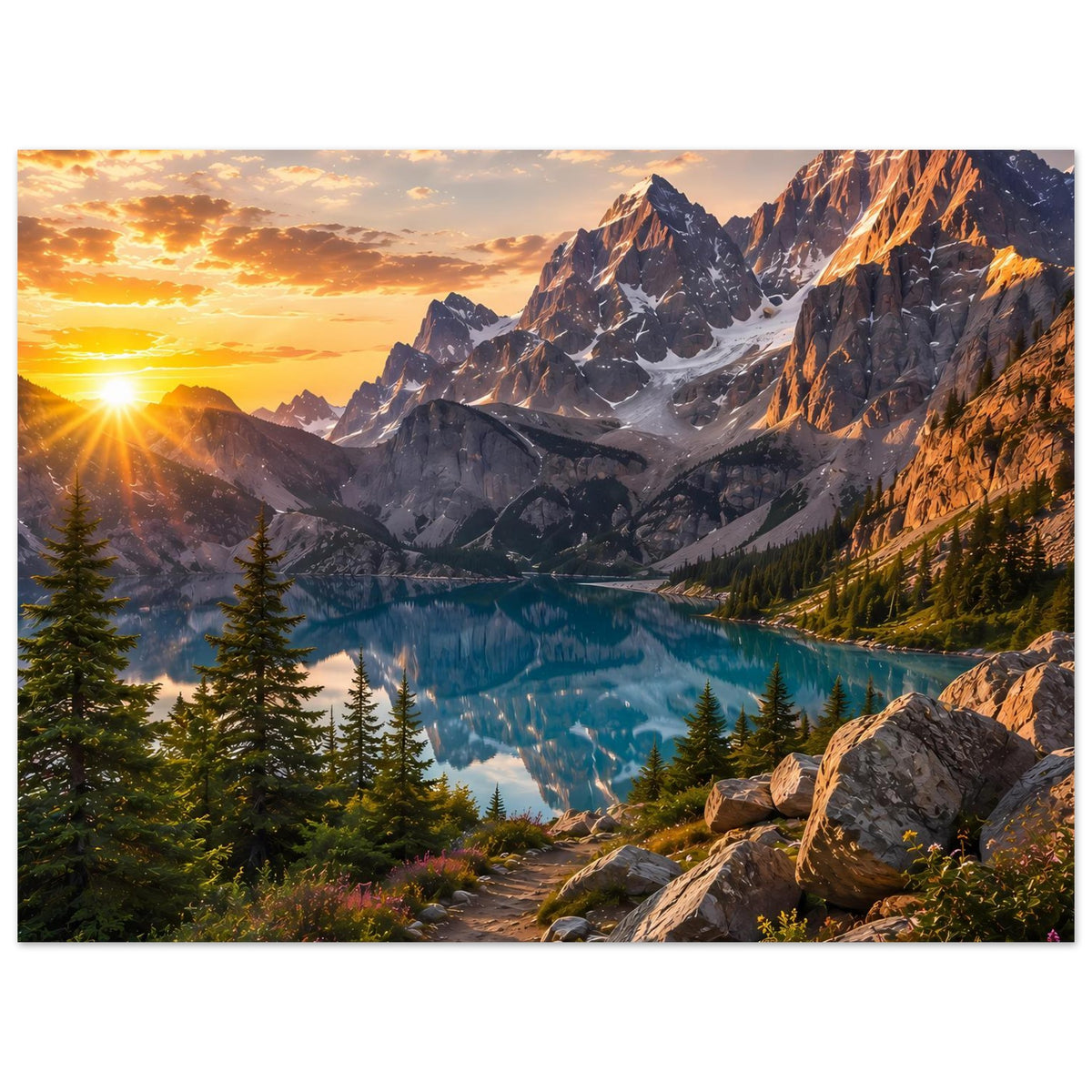 Vertikales Poster mit Bergsee und Bergkette im Abendlicht, Felsweg und Nadelbäumen