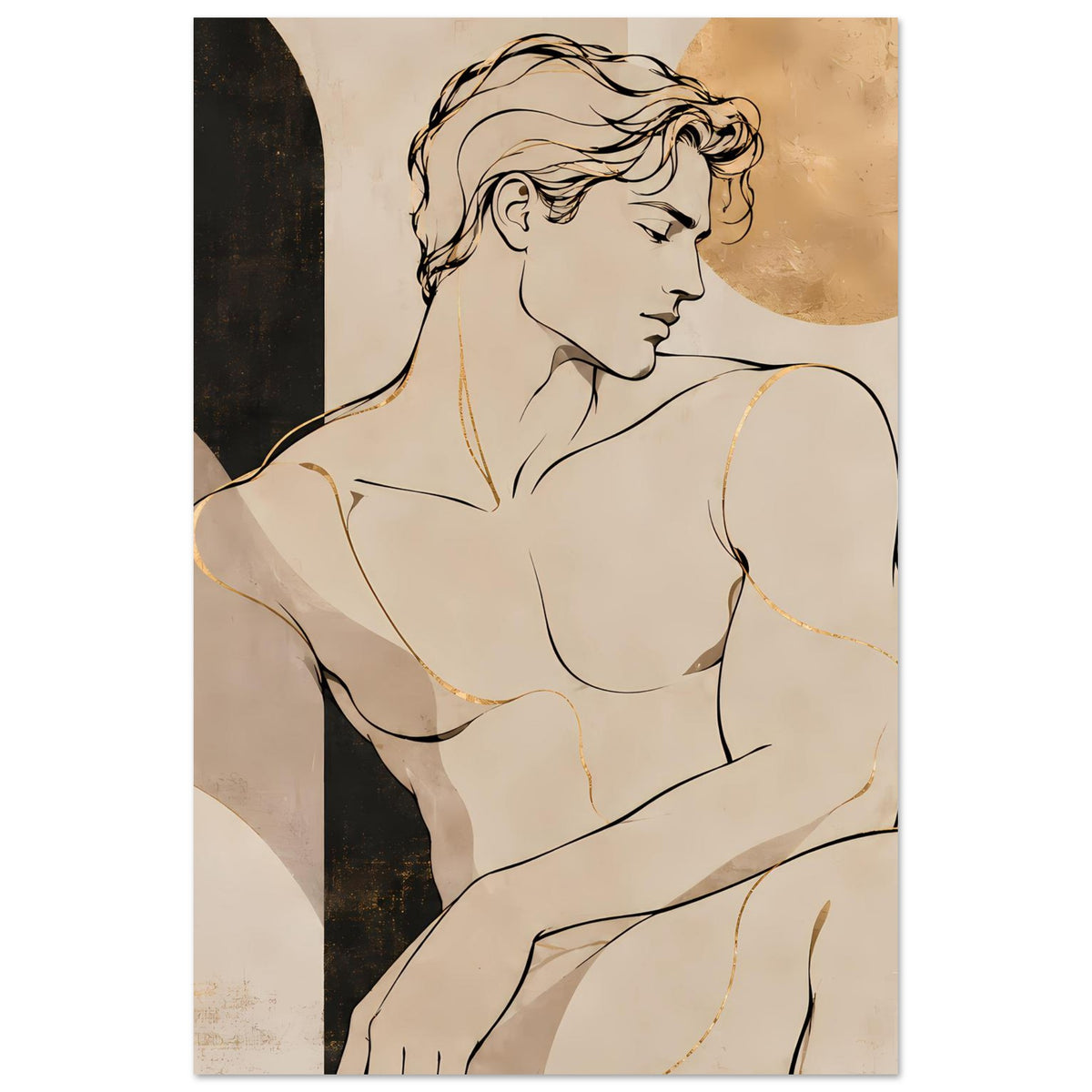 Kunstposter mit Akt-Motiv: sitzende Figur im Warmton, Goldakzente
