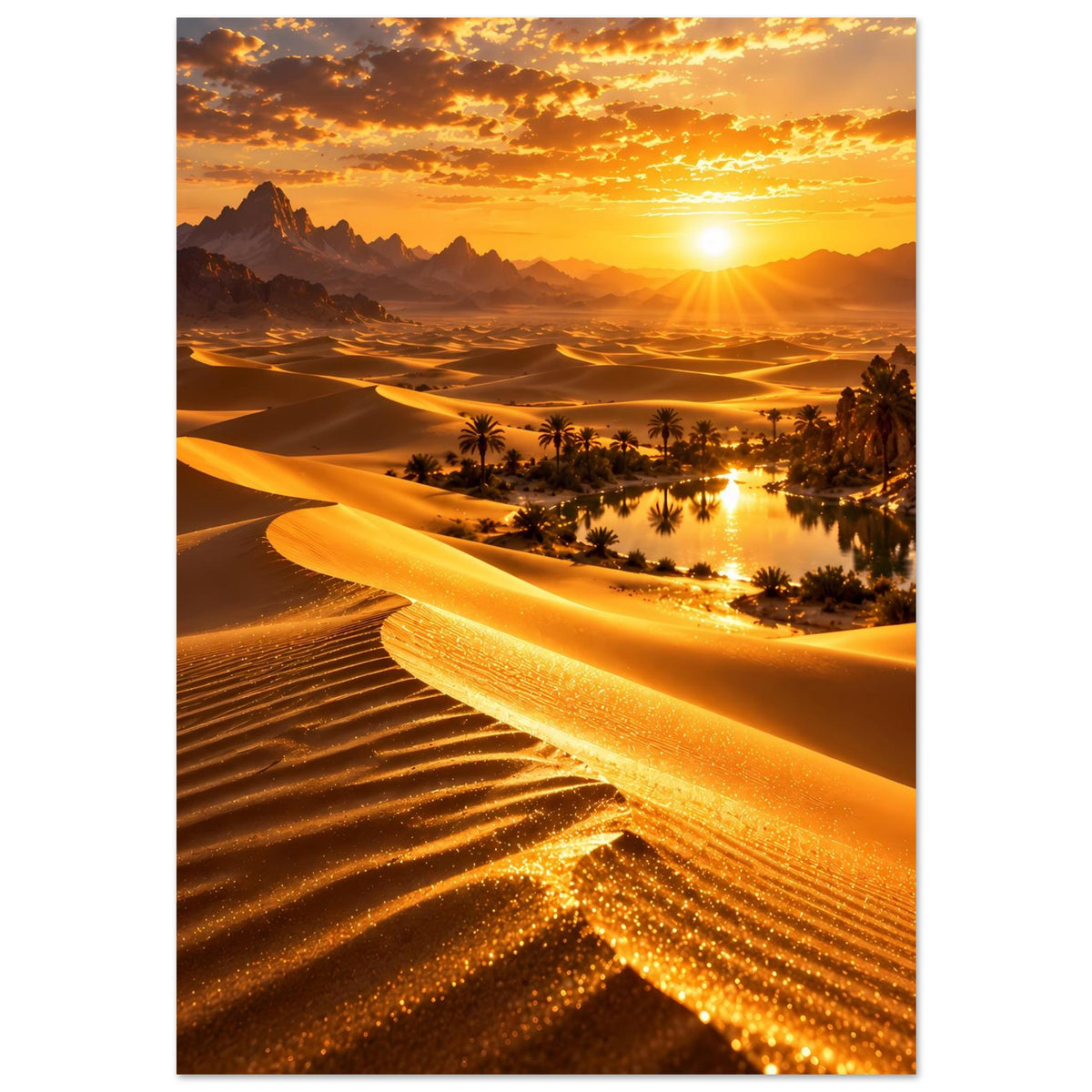 Poster Wüstendünenlandschaft mit Oase und Sonnenstrahlen, goldene Farben, senkrecht