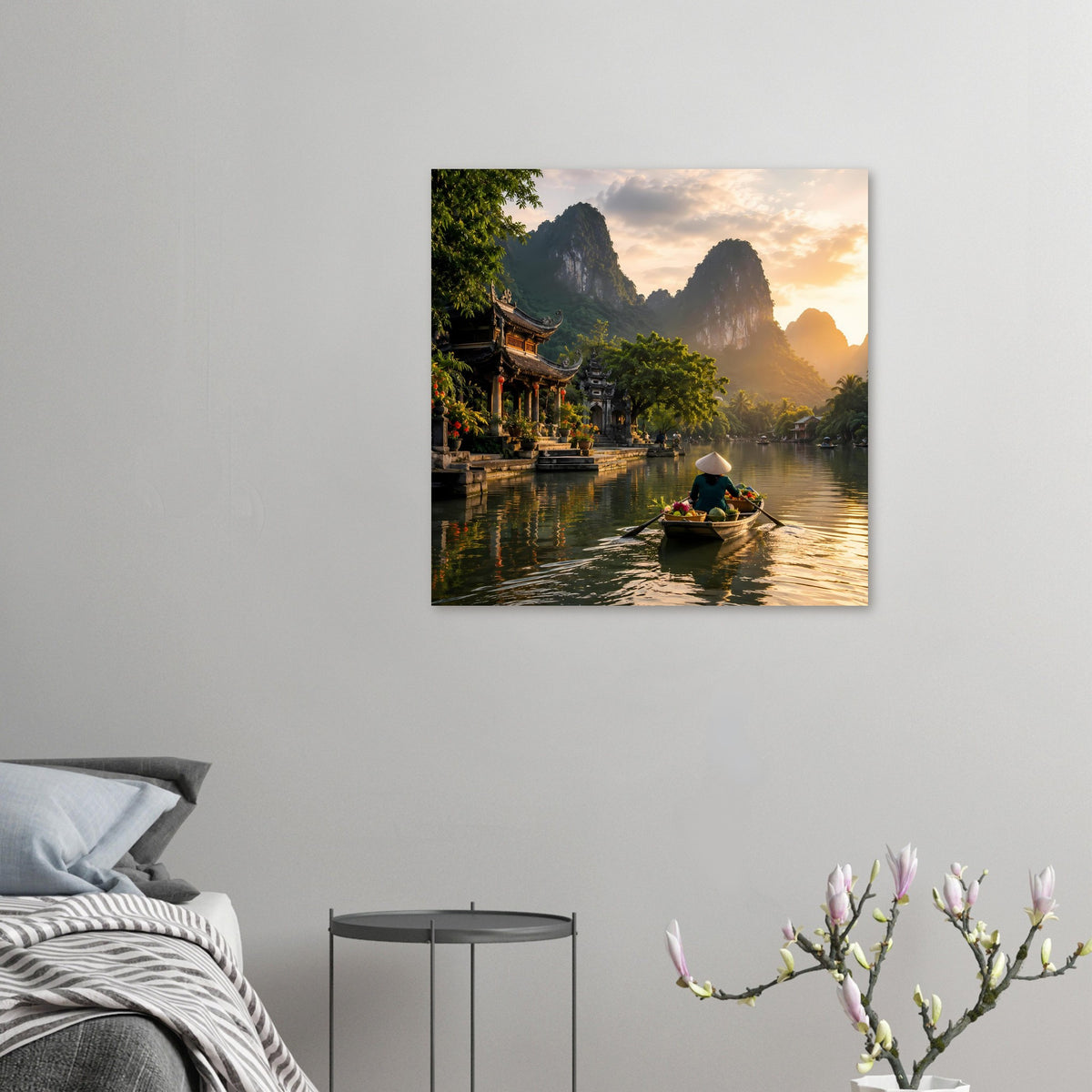 Kleines Poster mit Flusslandschaft im Wohnraum: Boot mit Person und Pagoden