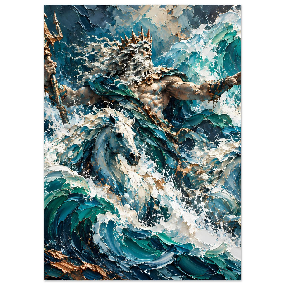 Vertikales Poster mit Neptun über schäumenden Wellen, Krone und goldene Details am Körper