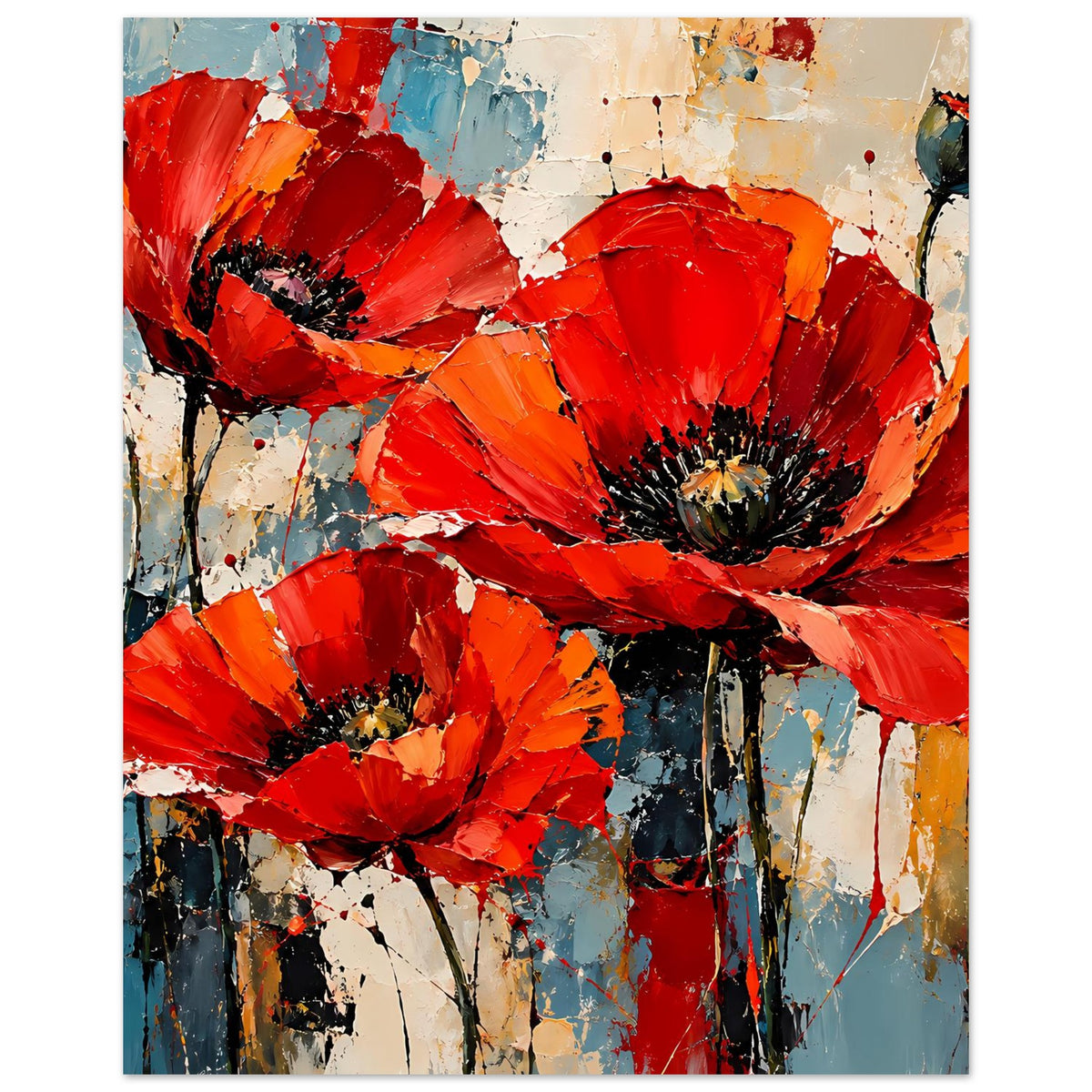 Abstraktes Poster mit roten Mohnblumen, leuchtende Farbflecken und Spritzer, gerahmt