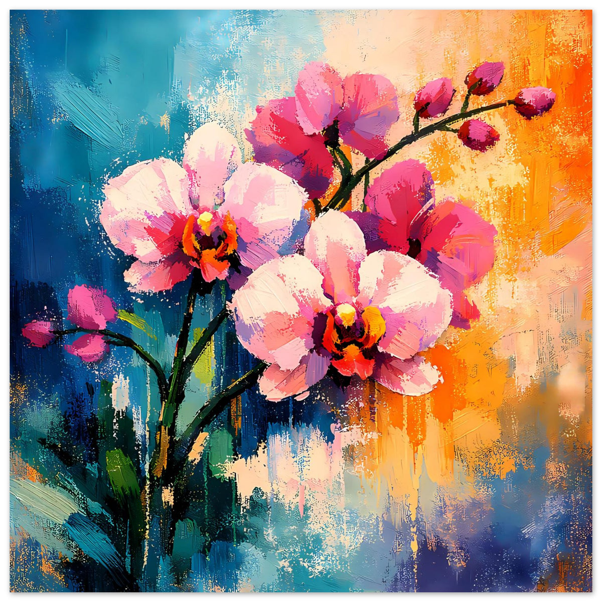 Blumenposter mit großen rosa Blüten, dunkelbrauner Aststruktur und bunten Farbflecken