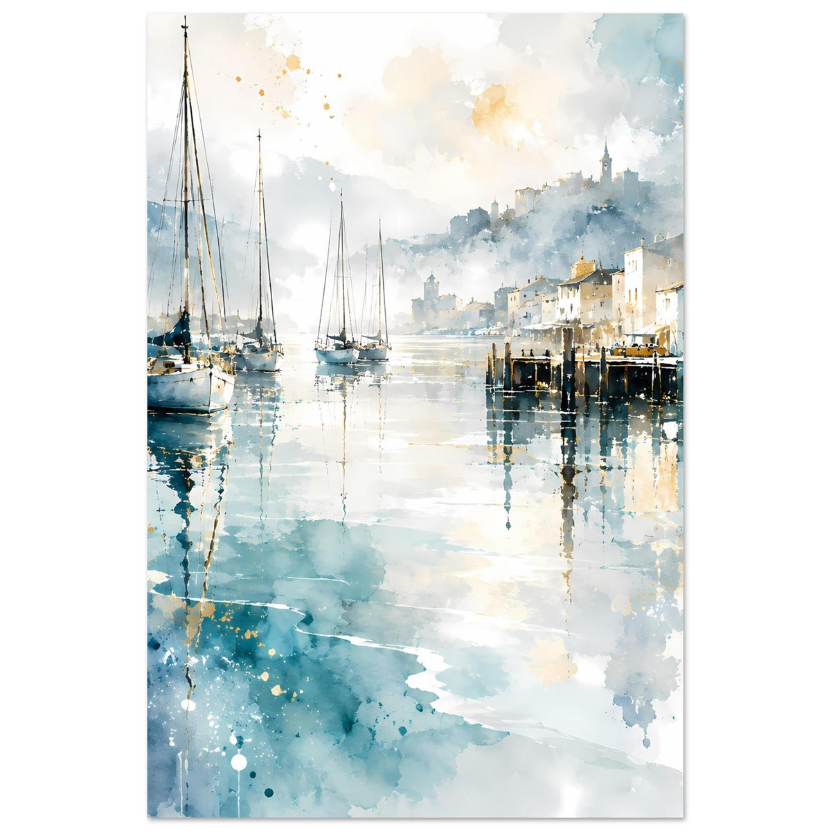 Vertikales maritimes Aquarell-Poster mit Segelbooten, Hafenwasser und blauen Reflexen