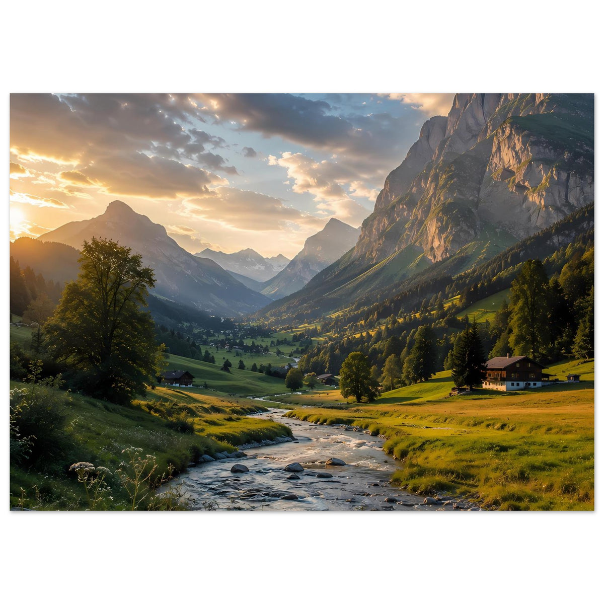 Poster mit Gebirgstal bei Sonnenuntergang, Fluss über Steine, grüne Wiesen