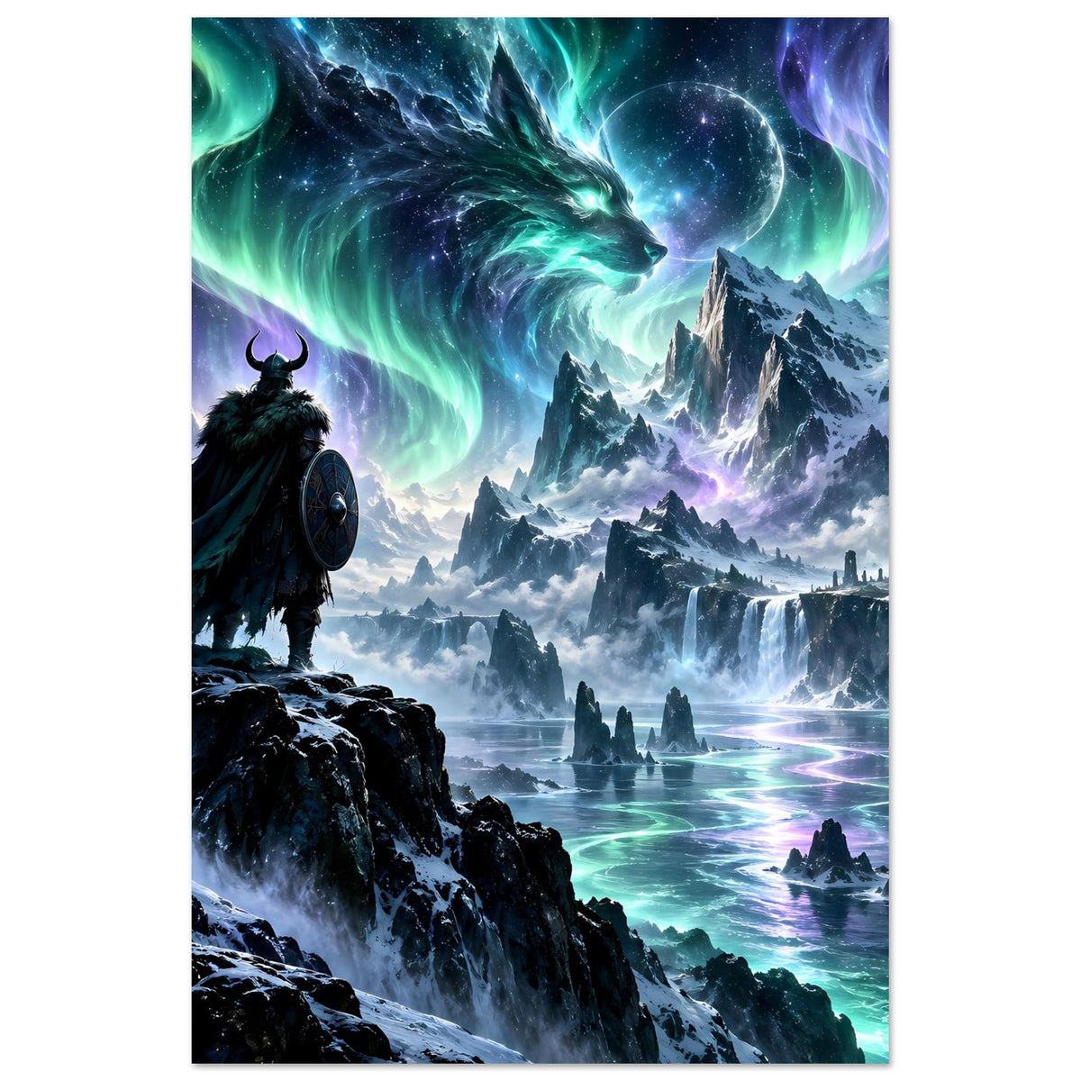 Fantasy-Poster im Hochformat: Polar-Drache über Nordlicht, Wikingerkrieger am Rand der Felsen