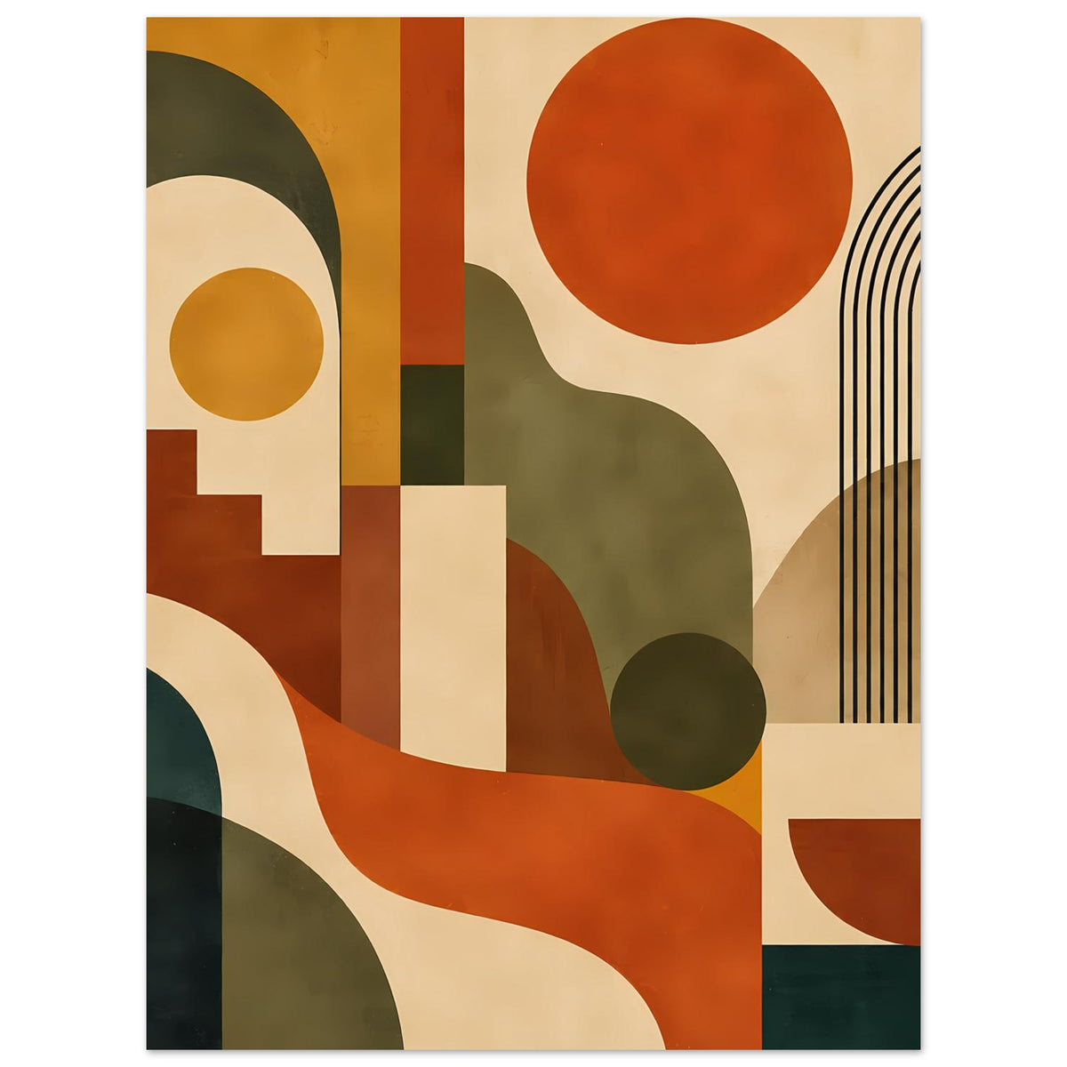 Abstraktes Poster mit rotem Kreis, orange-grünen Flächen, creme Bögen und geradlinigen Streifen.