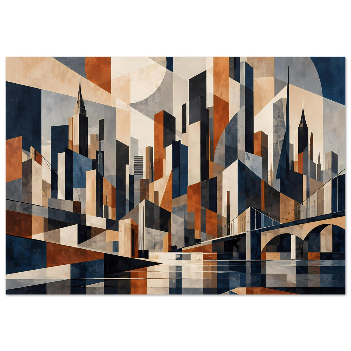 Poster mit geometrischer Stadtsilhouette in Marineblau und Rostrot, Brücke mit Bogen