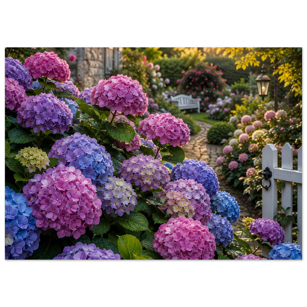 Premium Poster: bunte Hortensien vor weißem Zaun und Gartenweg