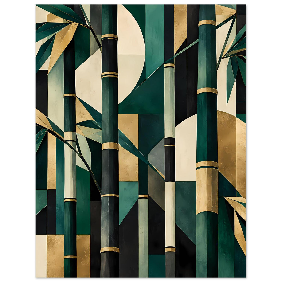 Naturposter mit Bambusstämmchen-Motiv in Smaragdgrün und Gold, großflächige Farbblöcke
