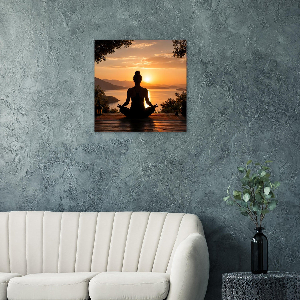 Quadratisches Meditationsposter mit Sonnenuntergang und ruhiger Meditationshaltung
