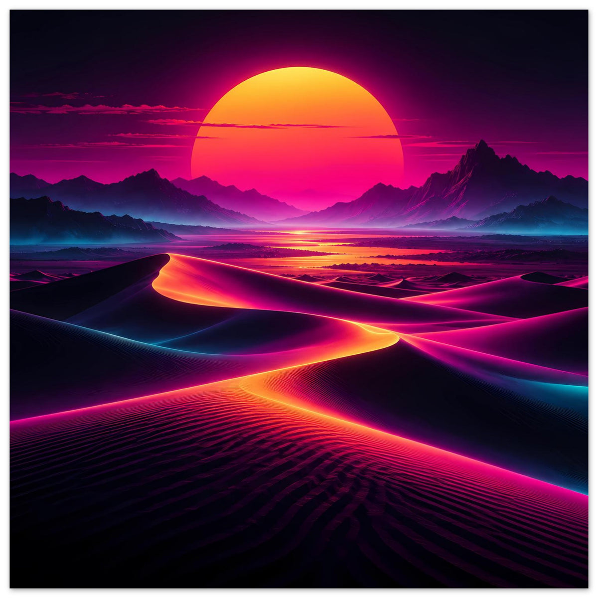 Neon-Desert-Sunset-Poster mit großer gelb-oranger Sonne und leuchtenden Dünenlinien