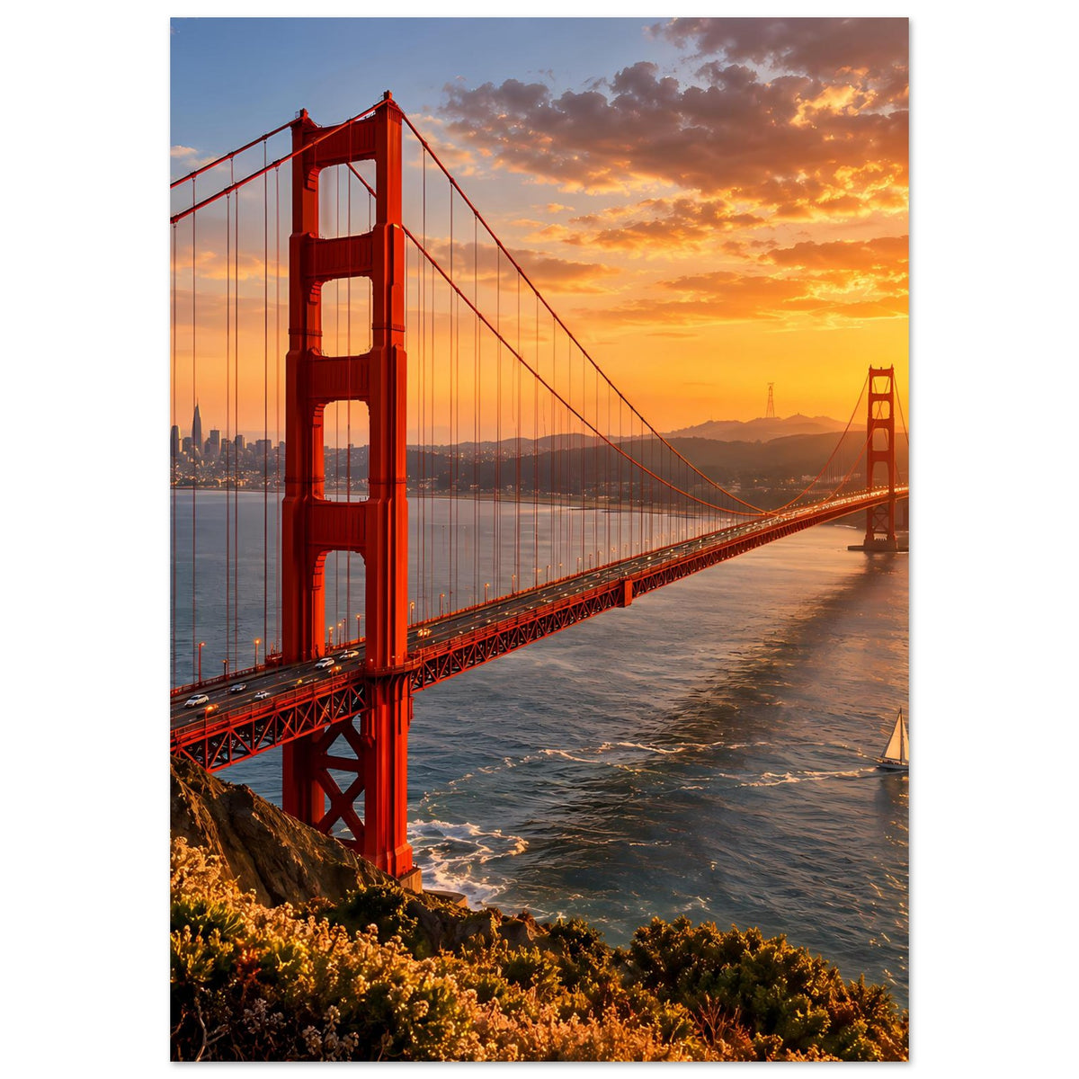 Vertikales Poster mit roter Hängebrücke (Golden Gate) und reflektierendem Sonnenlicht