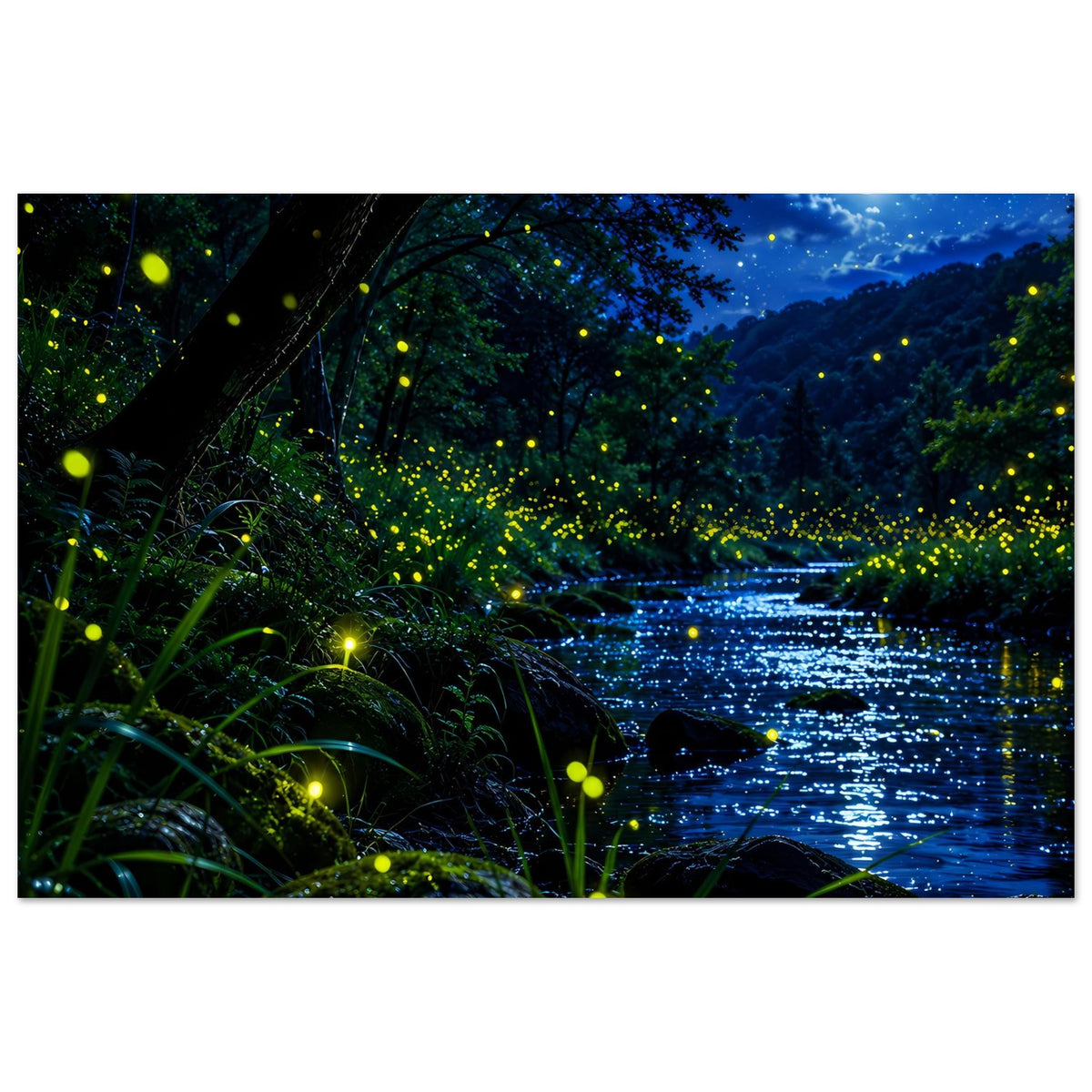 Poster im Querformat: Nachtwaldszene am Fluss, leuchtende Glühwürmchen im Dunkeln