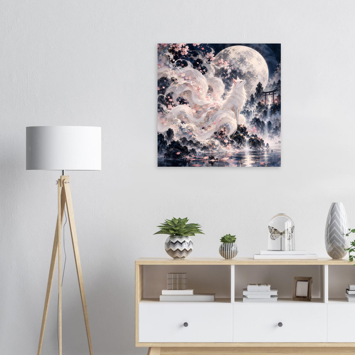 Fantasy-Poster mit weißem Fuchs, Vollmond und Kirschblüten, quadratisch, blau-rosa