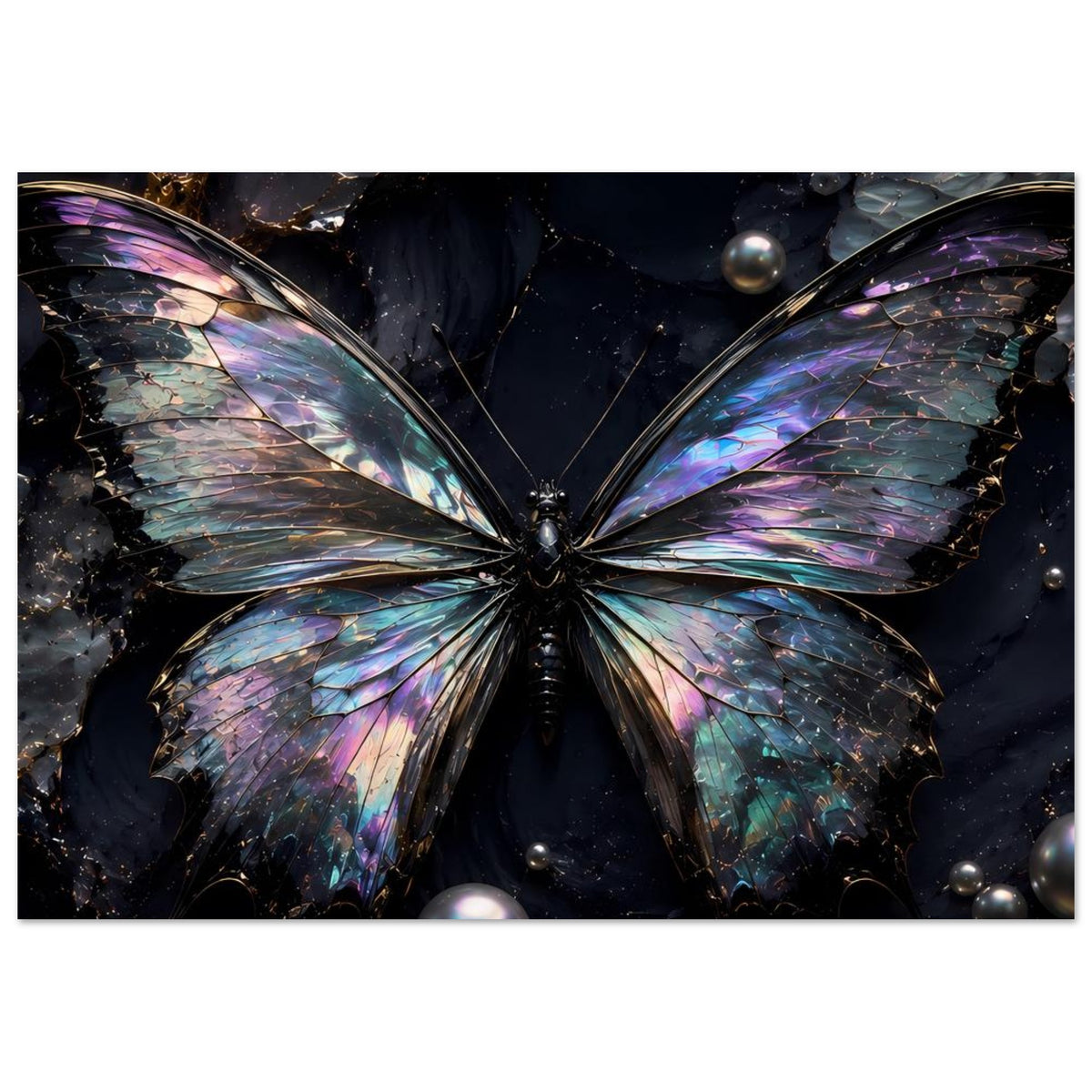 Poster mit schillerndem Schmetterling, beide Flügel prominent in Lila/Blau/Grün auf dunklem Grund