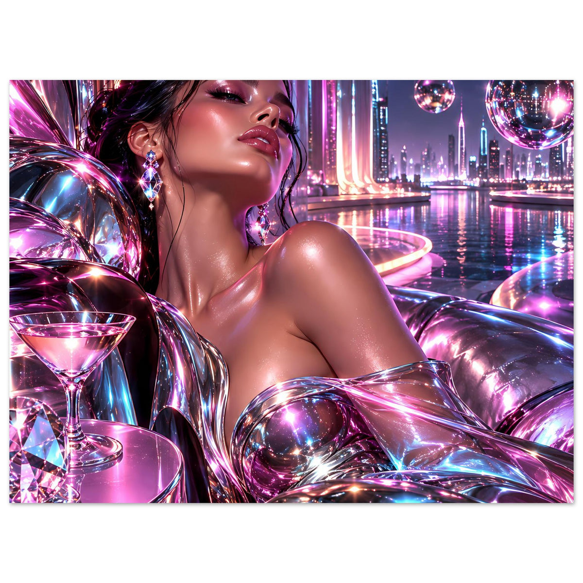 Neon-Glitzerposter: Frau mit glitzernden Accessoires, violette Neonstreifen und Spiegelkugeln