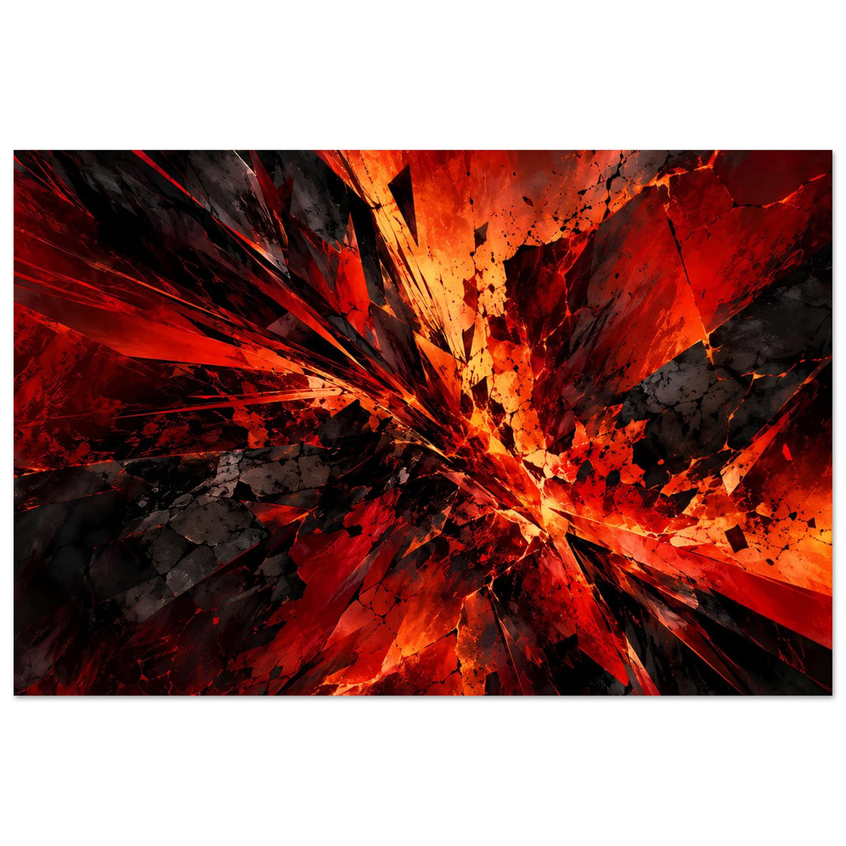 Abstraktes Kunstposter mit radialen Fragmenten und leuchtenden Rot-Orange-Akzenten, Schwarz