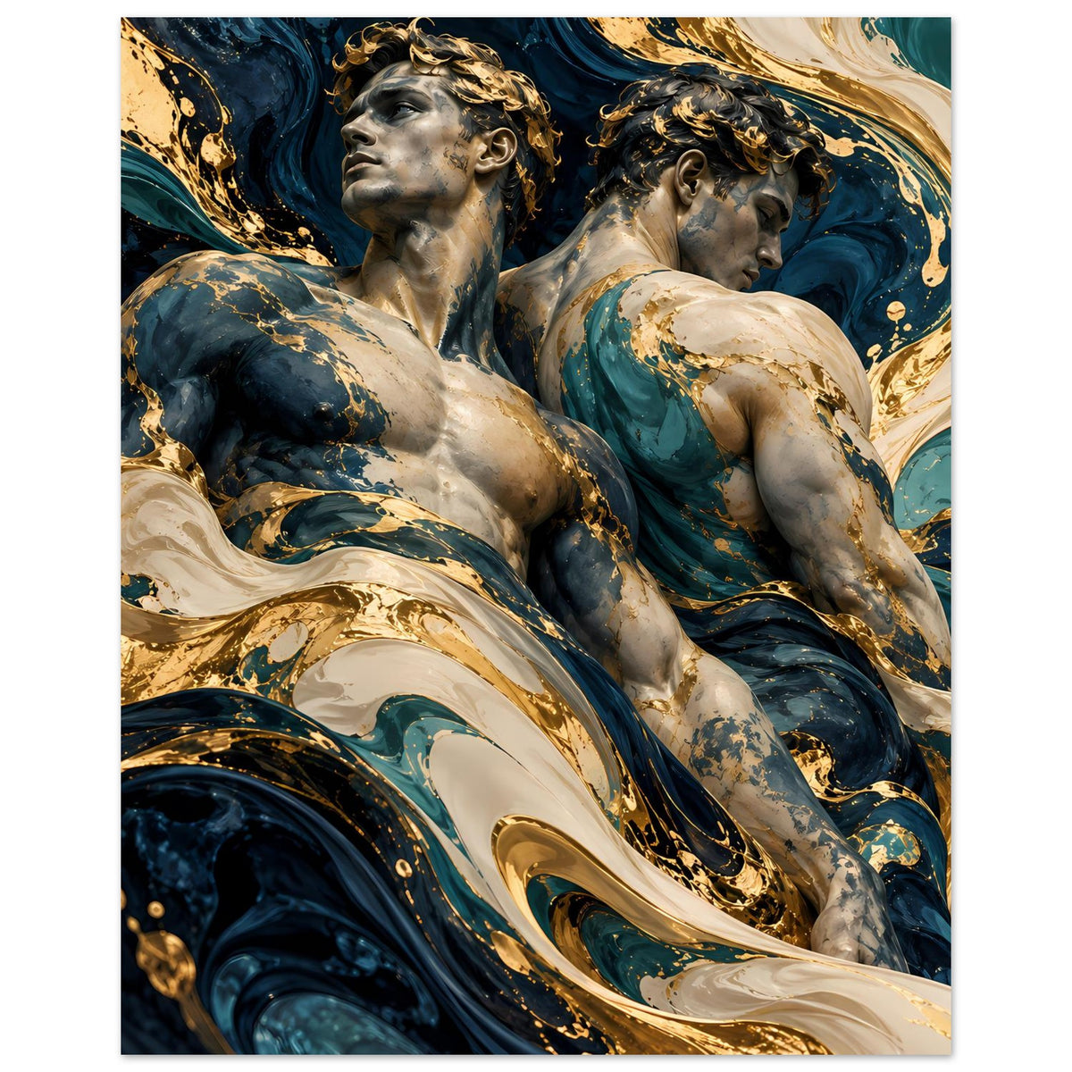 Kunstposter mit zwei Aktfiguren, zentrale Gesichter, goldene Farbfäden über Blauschichten