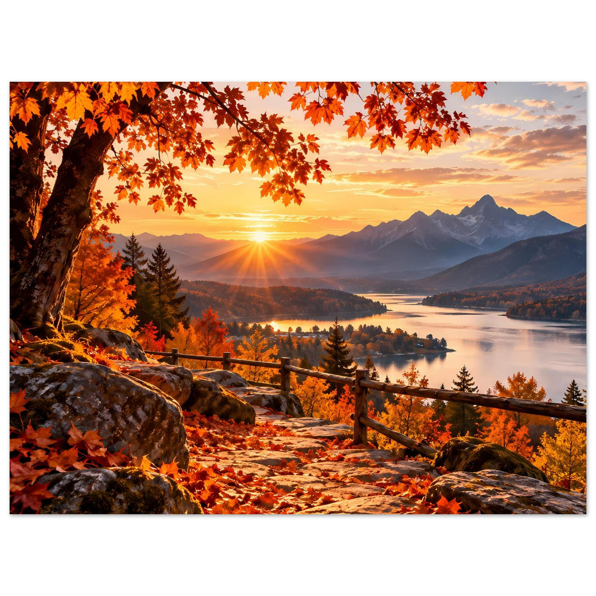 Herbstlandschafts-Poster mit warmem Sonnenuntergang, Bergkulisse, See, Holzgeländer und Herbstlaub