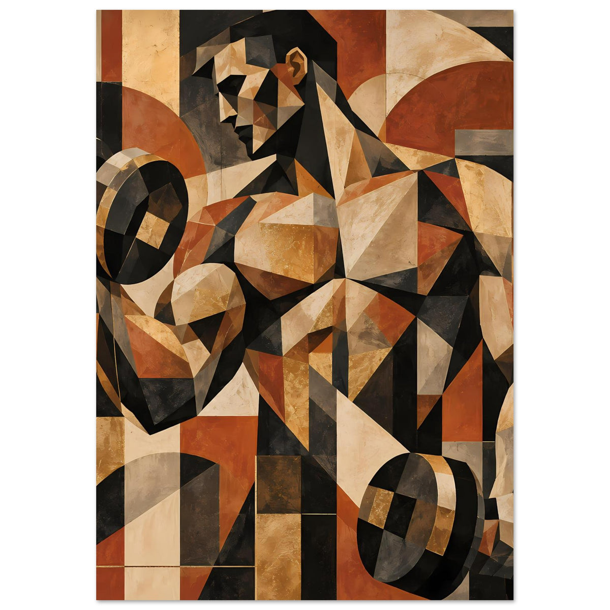Abstraktes geometrisches Poster in Erdtönen, kantige Figuren aus Rechtecken und Dreiecken