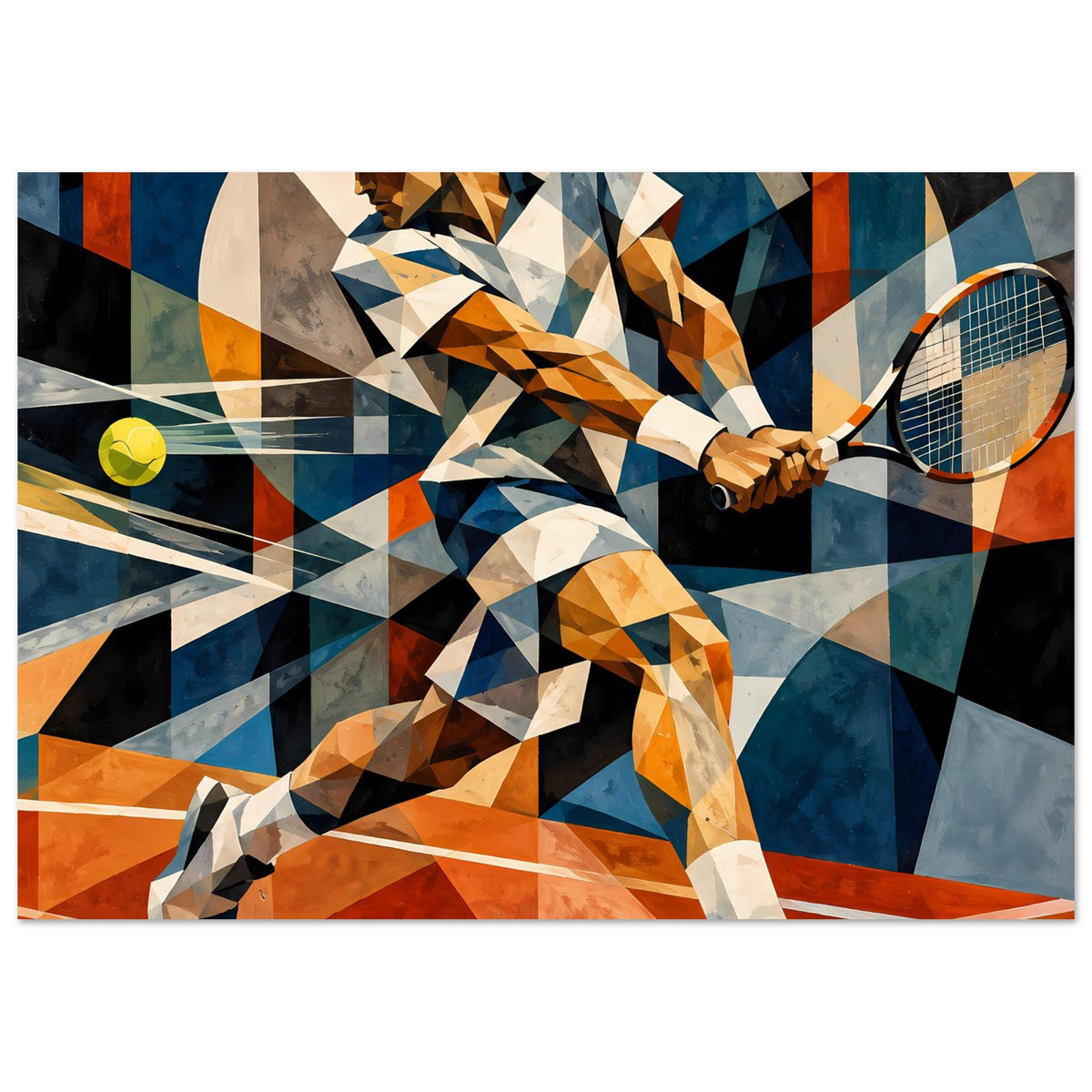 Kunst-Poster im Querformat: abstraktes Tennis-Motiv mit Schläger und gelbem Ball