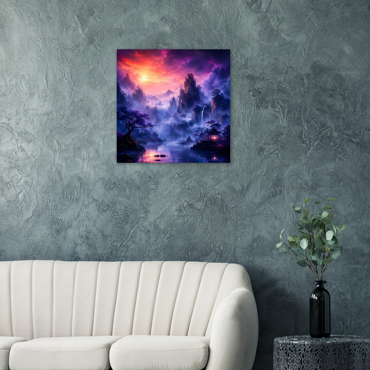 Quadratisches Fantasy-Poster im Rahmen mit Nebelbergen, See und Wasserfall bei Sonnenuntergang