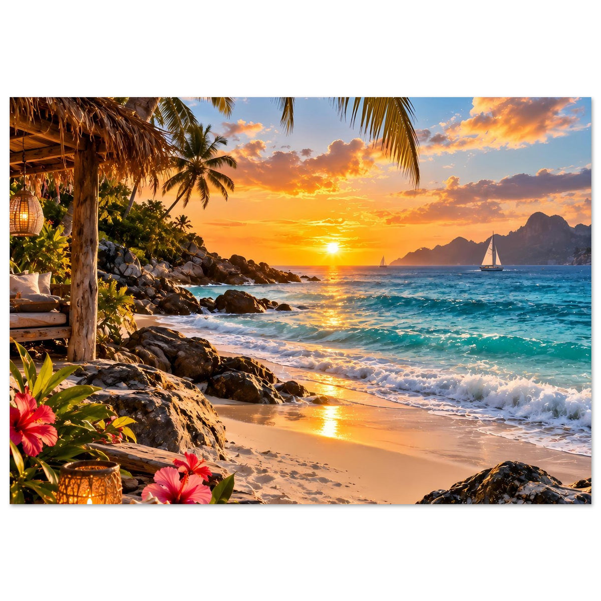 Querformatiges Strandposter mit Sonnenuntergang, Palmen, Sandstrand, Wellen und Felsen