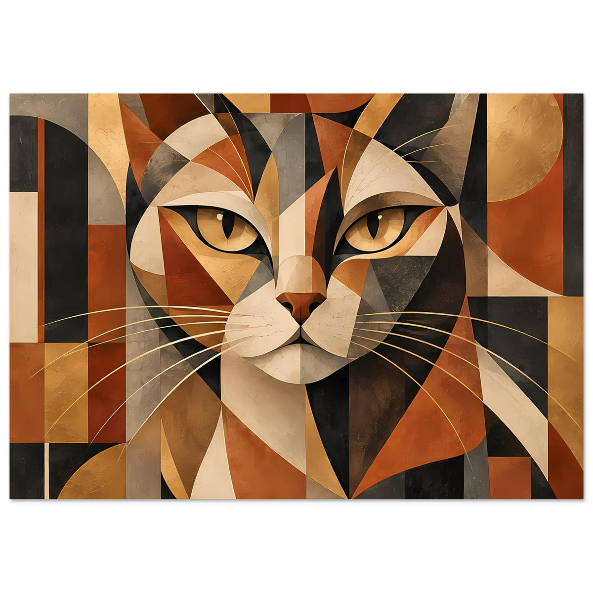 Gerahmtes Poster: geometrische Katze mit Dreiecks-Mosaik, warmen Erdtönen, klarer Frontalansicht