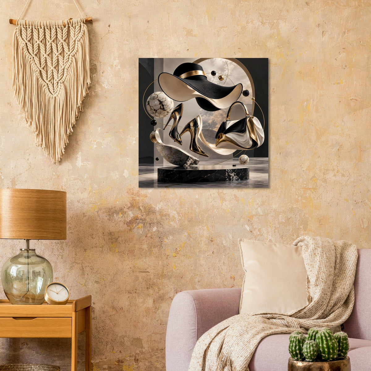 Gerahmtes Wandposter im Quadratformat mit Hutfigur in Schwarz und Gold