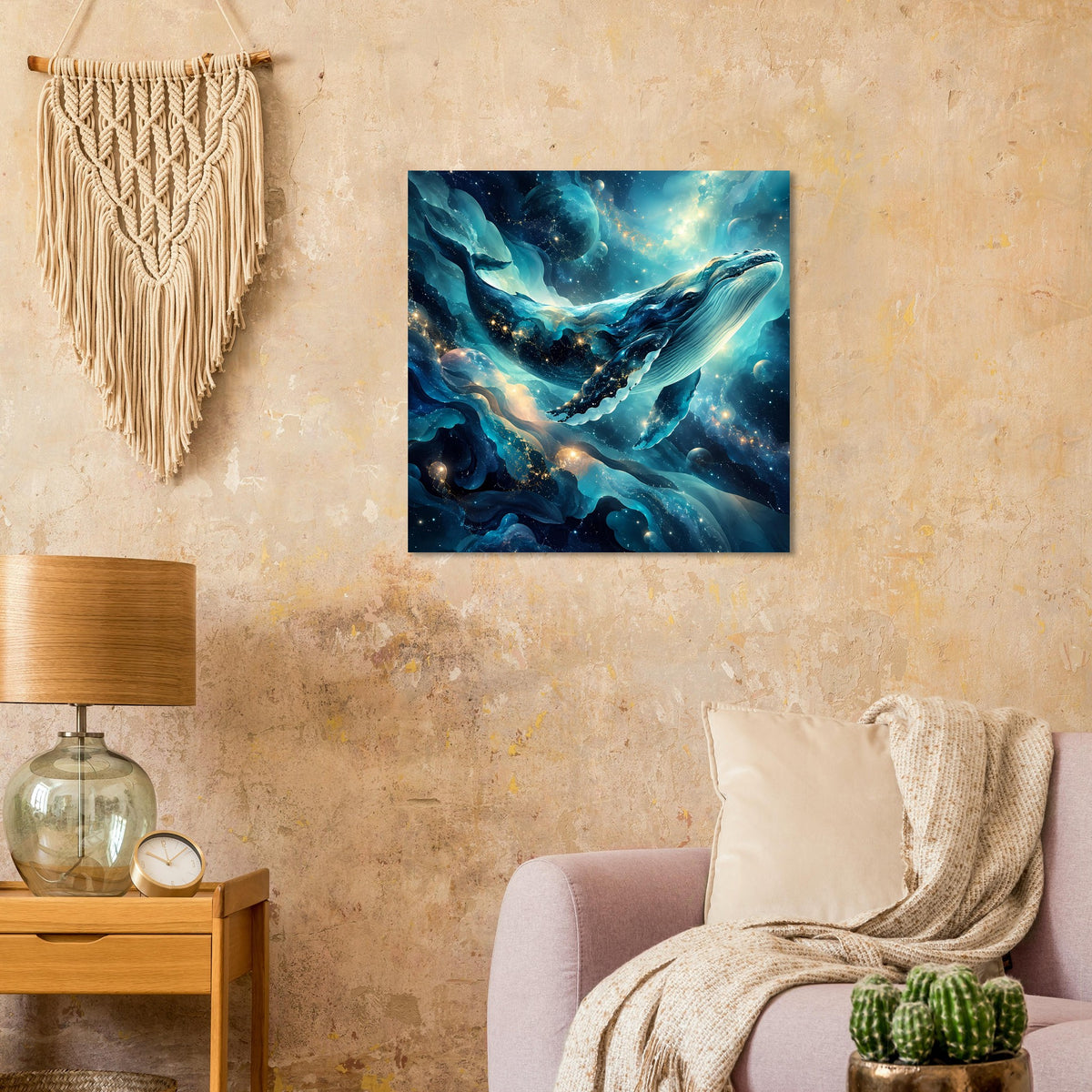 Quadratisches Kunstposter mit Wal im Weltraum-Ozean, türkis-blau und goldene Akzente