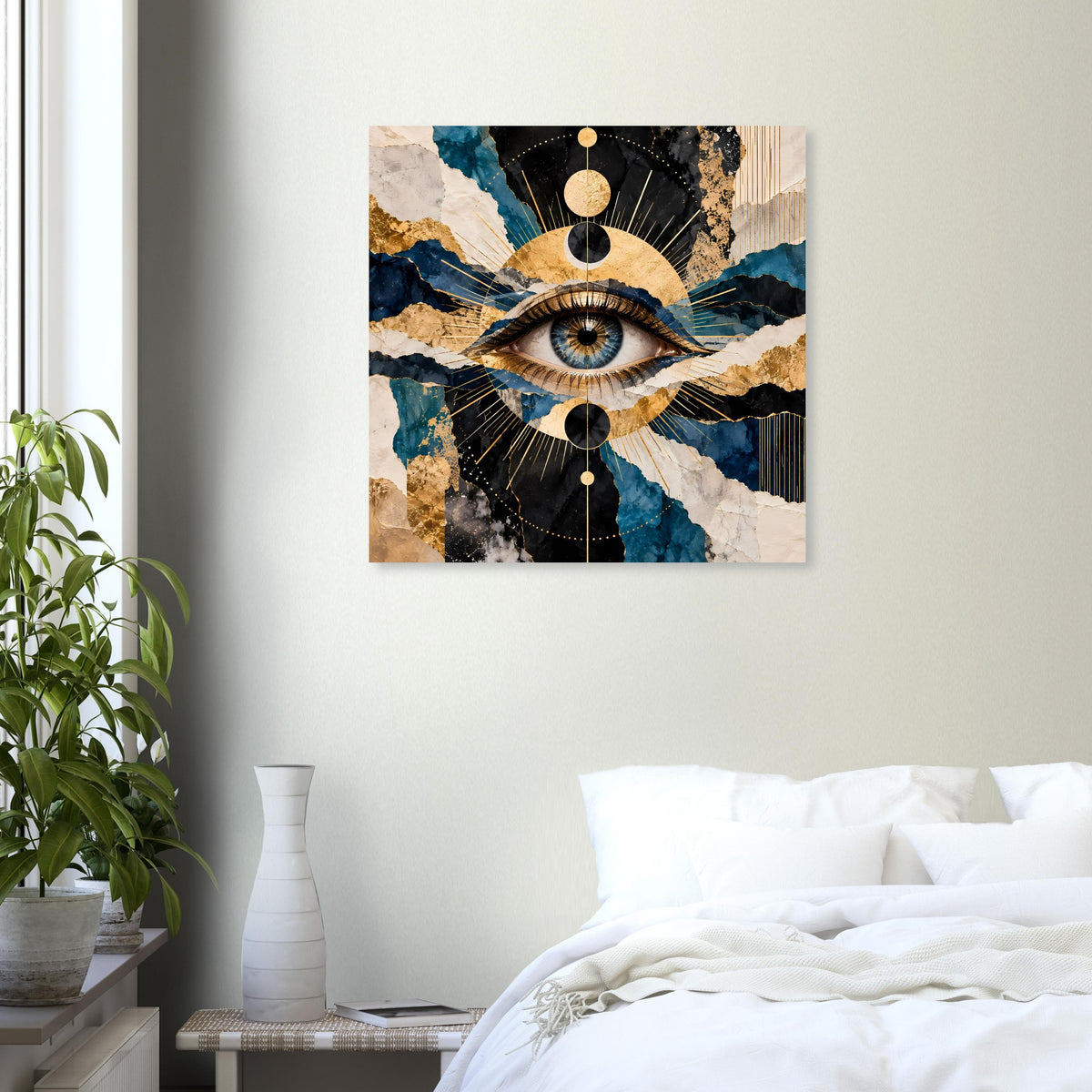 Wandposter mit Auge, türkisblauem Wellen-/Felsmuster, goldene Punkte und schwarze Kreislinien