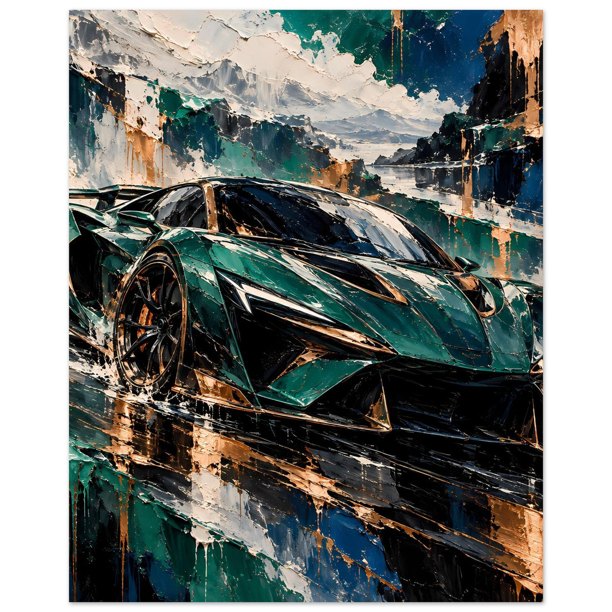 Sportwagen-Poster mit futuristischem Auto in Smaragdgrün, Kupferakzenten und schwarzem Design