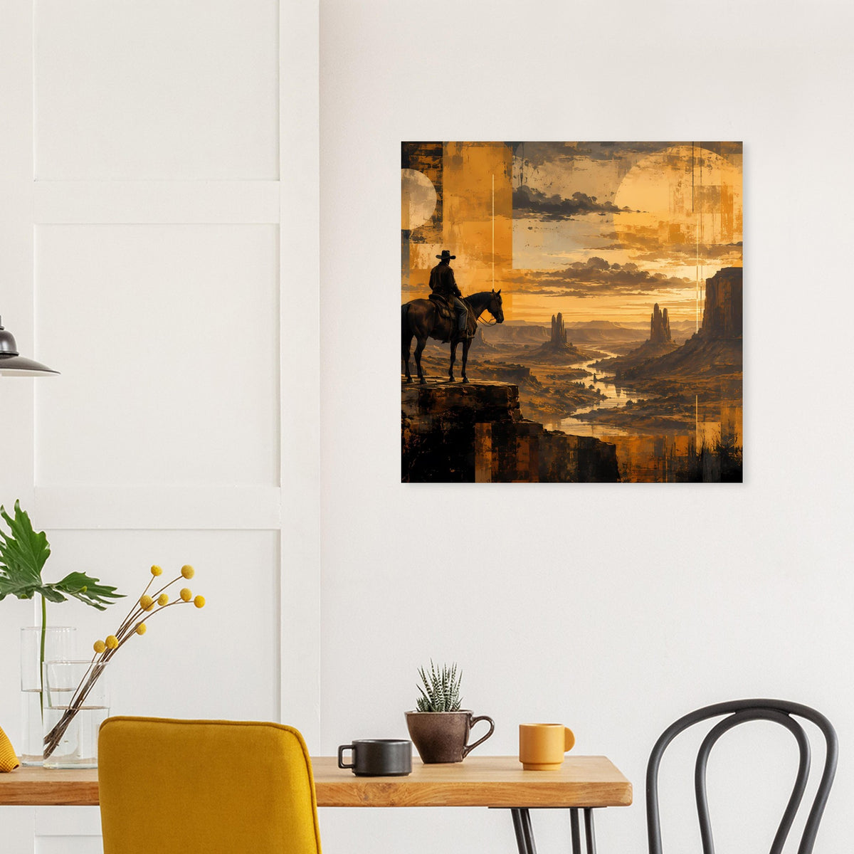 Western-Sunset-Poster mit Reiter auf Pferd, Straße und Türme in Gelb-Orange, schwarzer Rahmen