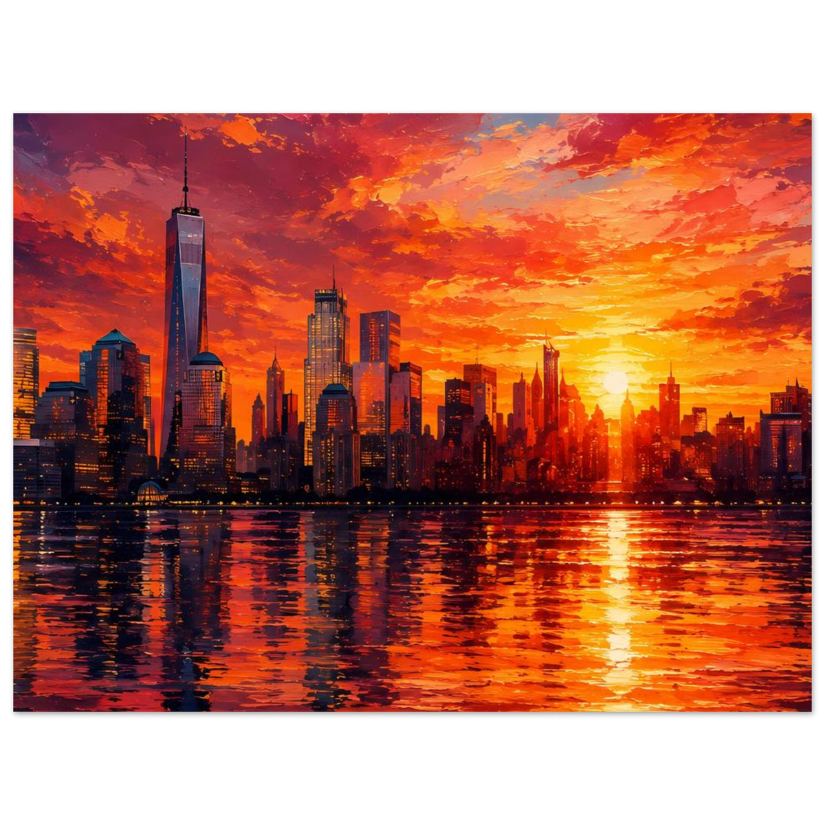 Querformat-Poster mit New York Skyline, One World Trade Center und warmen Sonnenuntergangswolken