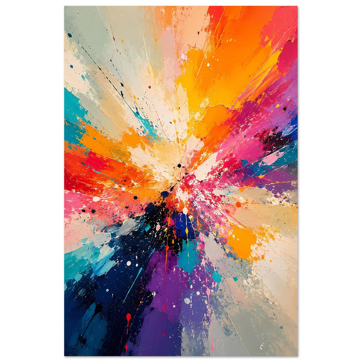 Abstrakter Kunstdruck im Hochformat mit farbiger Explosion aus der Mitte und Sprenkeln.