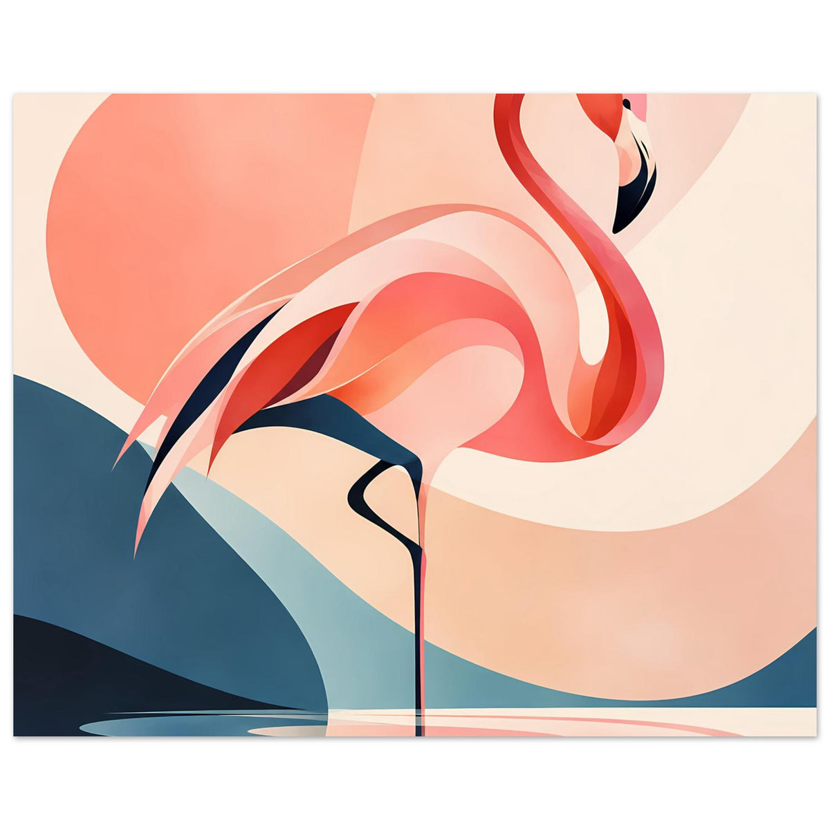 Kunstdruck mit Flamingo-Motiv, großem roten Körper und türkisblauen Flächen in abstrakter Komposition