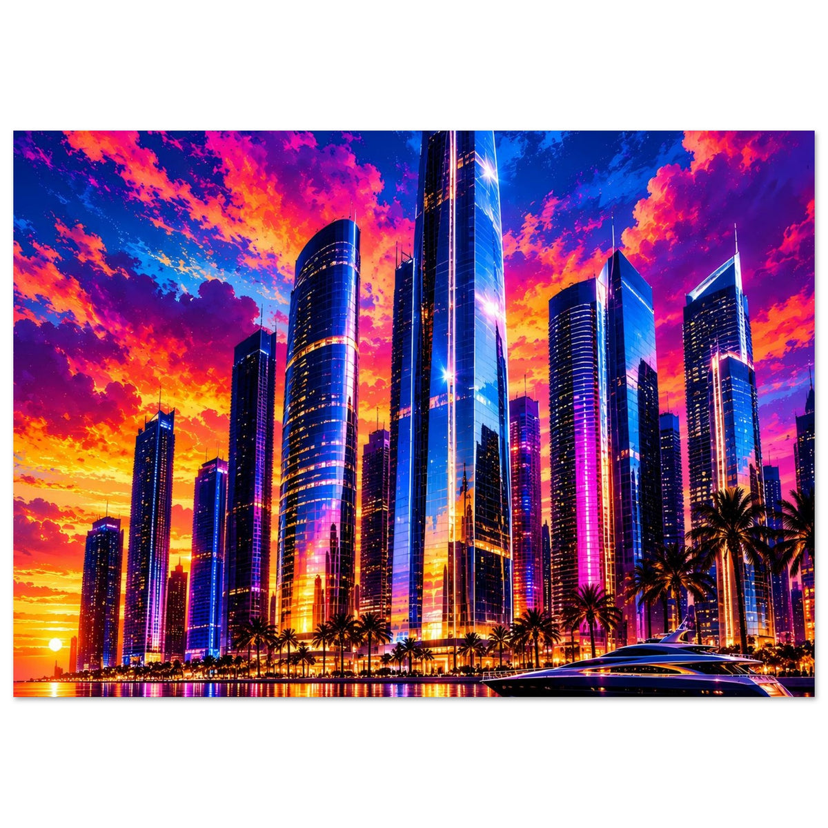 Leuchtendes Großstadt-Skyline-Poster mit farbigem Himmel, hohen Wolkenkratzern und Bootskontur unten rechts.