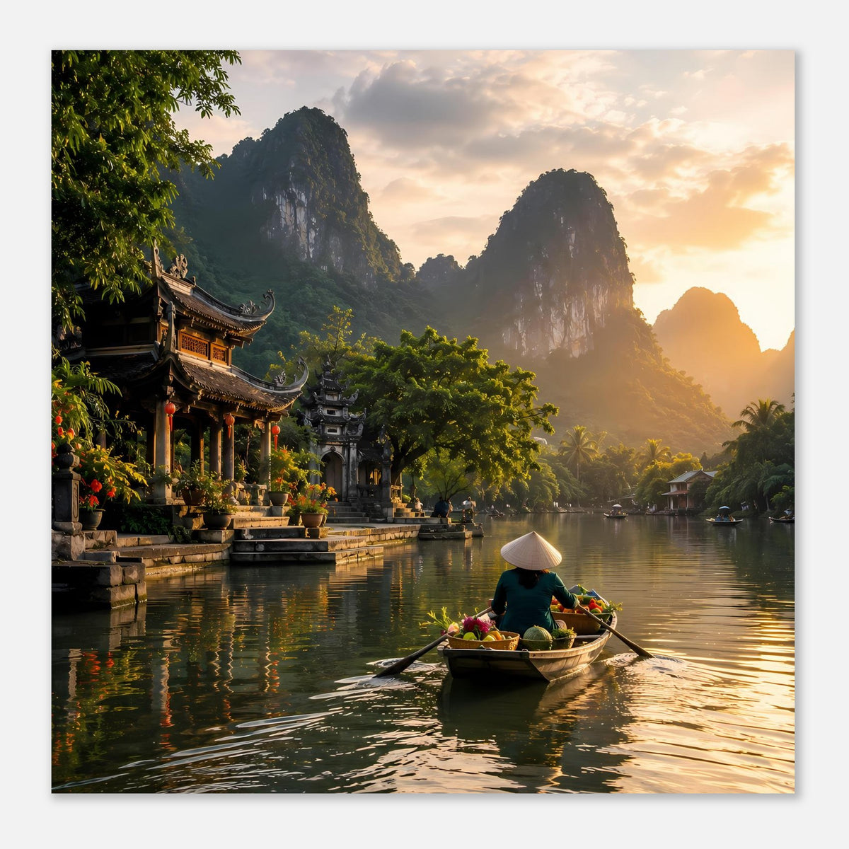 Poster mit Fluss und Bergen: Person im Boot mit Blumen, Pagoden am linken Ufer