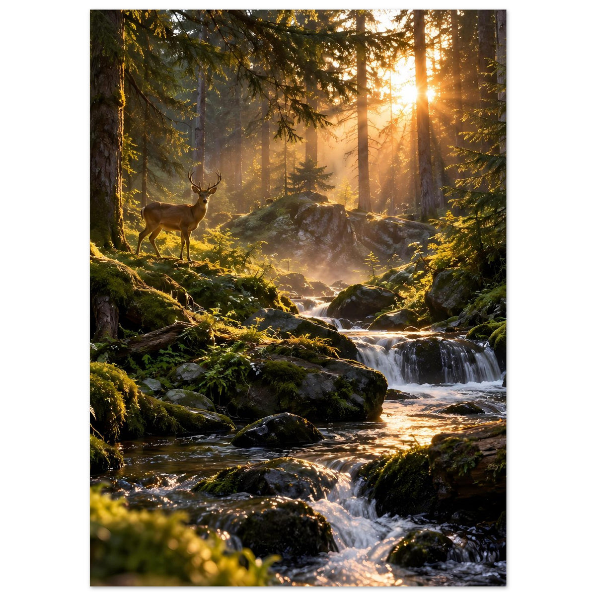 Wandposter (hoch) mit Waldlichtung, schimmerndem Wasserlauf und Hirsch im Sonnenaufgang