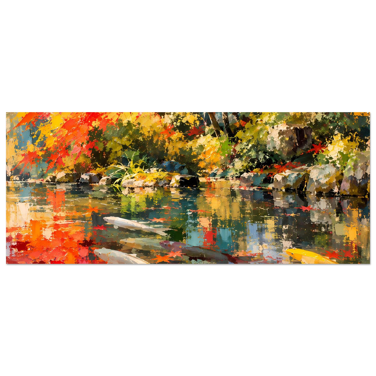 Kunstposter Querformat: Koi und Spiegelungen im Teich, leuchtendes Herbstlaub