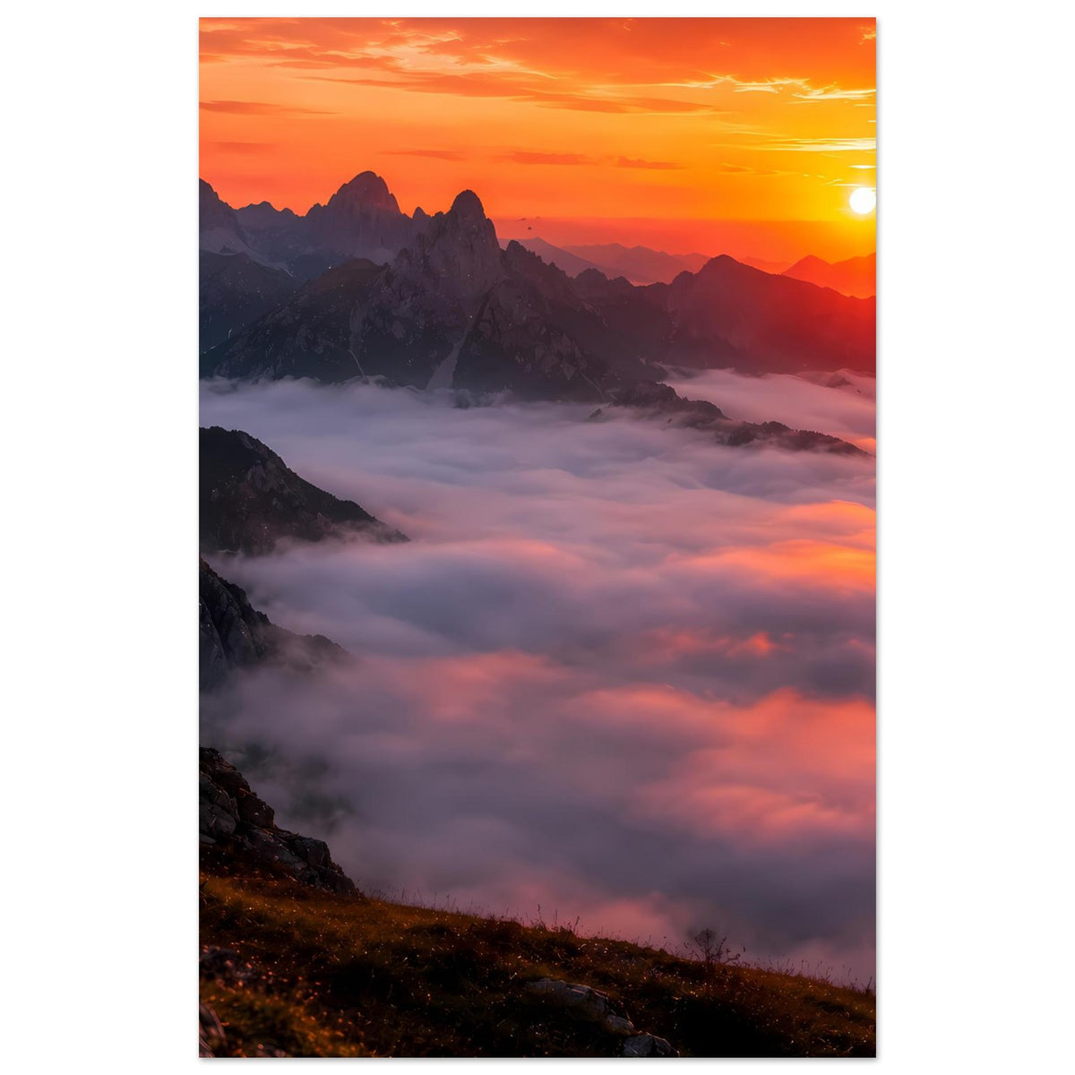 Vertikales Poster mit Sonnenuntergang über Bergkette und Wolkenmeer