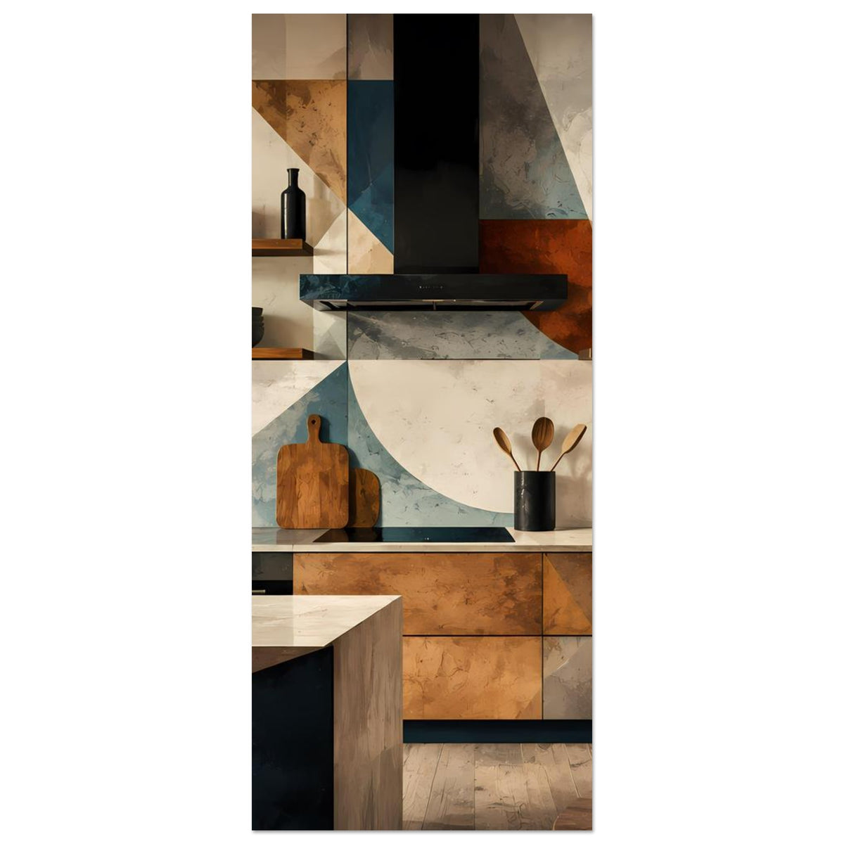 Küchenkunst-Poster, vertikal: geometrische Küche mit Herd, Spüle und bunten Fliesen