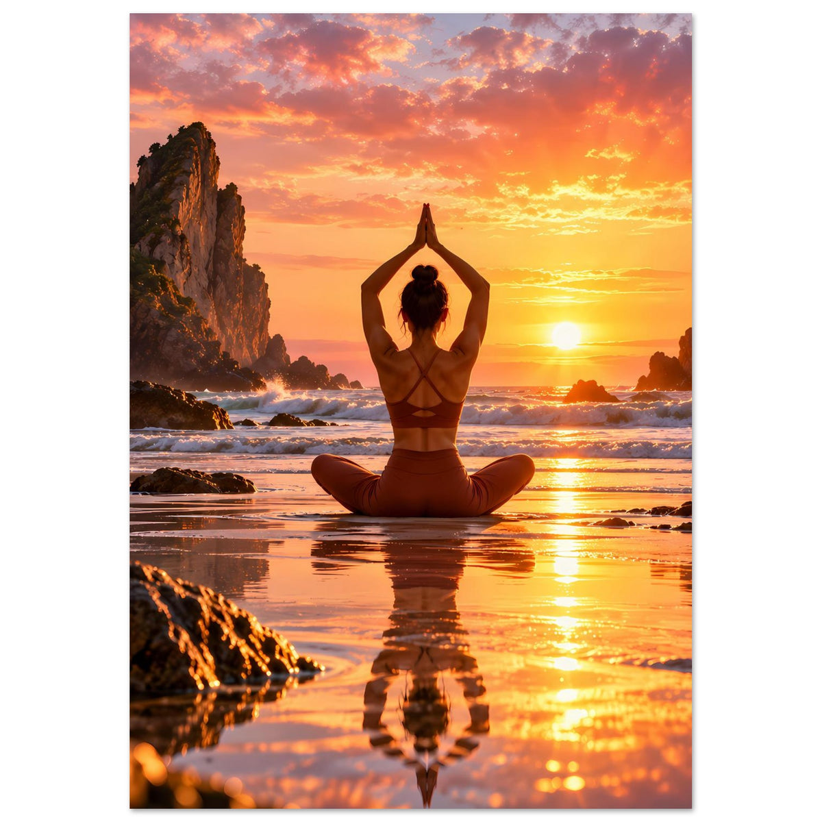 Yoga-Poster, mattes Papier (Hochformat): Frau im Lotossitz vor orangefarbenem Sonnenuntergang